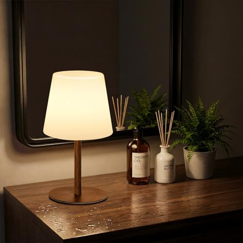 Heromind Lampara de mesa inalámbrica con mando, recargable USB-C, IP64, temporizador 1–4 h, luz blanca + RGB, regulable 5–100%, 2 alturas 27/41 cm, Modelo Cónico