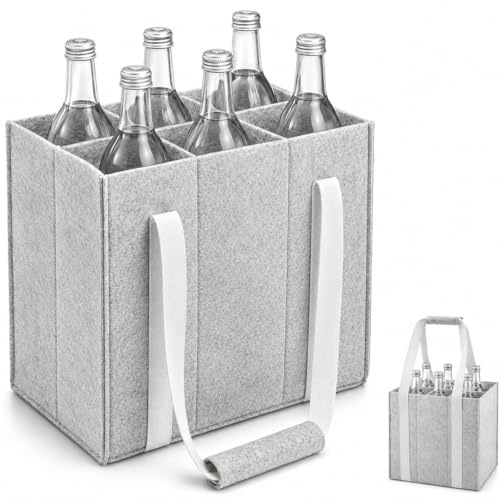 Huanmin Bolsa para botellas de fieltro, portabotellas con asa, cesta plegable para botellas, 6 botellas de 1,5 L, bolsa para bebidas para vino, bebidas, portacervezas, botellas de vino, botellas de