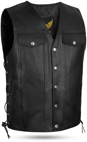Leatherick Gilet de motard en cuir véritable unisexe de style denim avec lacets latéraux et boutons chromés - Noir - (L)