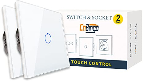 CNBINGO 2-pack växelströmbrytare infälld - enkel touch-strömbrytare - väggströmbrytare vit - beröringsknapp med glaspanel och statusLED - 800 W/fack