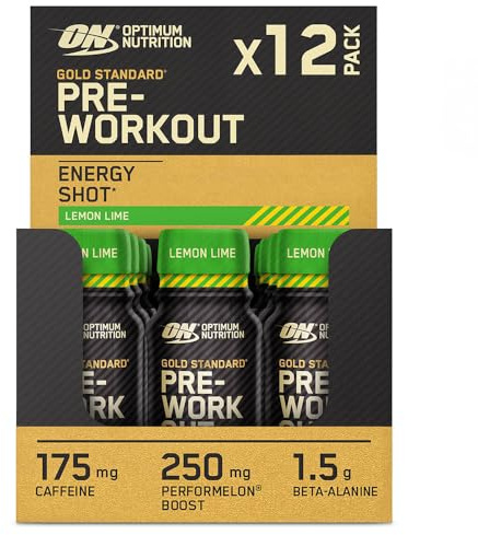 Optimum Nutrition Gold Standard Pre-Workout Energy Shot, trinkfertig mit Beta Alanin, Koffein, PerforMelon Boost und Vitamin B6 und B12, Zitronen-Limetten-Geschmack, 12er-Pack, 12 x 60 ml