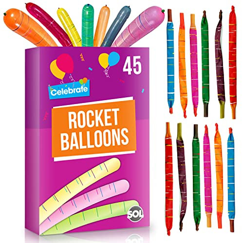 SOL 45pk Rocket Balloons – Assorted Colour Flying Whistling Balloons for Kids, Durable Latex Party Bag Fillers, Fun Loot Bag Toys and Party Activities