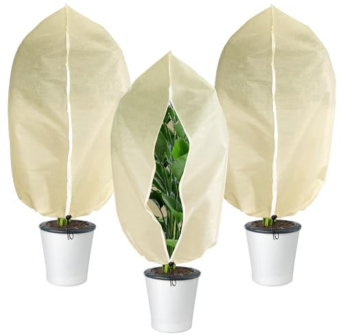 GIONAR 3 PCS Winter Plant Covers Freeze Protection - 100x80CM Garden Fleece Bags Sacks - Rip Resistant Garden Frost Cloth Blanket Fleece Jacket with Zipper Drawstring for Plants