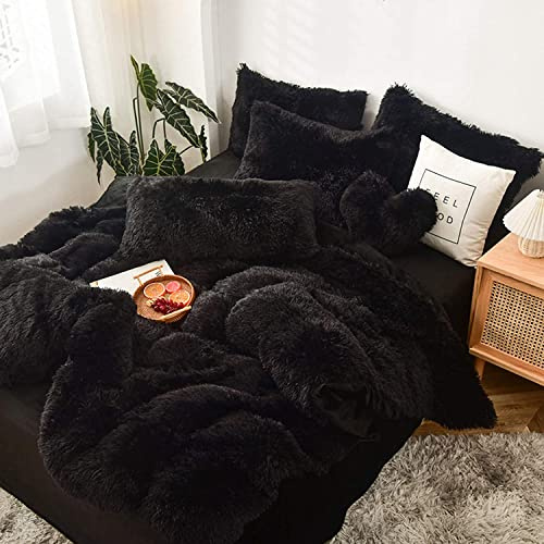 Juego De Funda Nórdica De Vellón De Coral Grueso, Ropa De Cama De Terciopelo/Franela De Cristal De Invierno, con 1 Funda De Edredón, 1 Sábana Y 2 Fundas De Almohada (Negro,220x240cm)