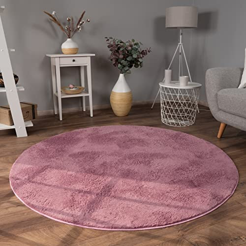 Paco Home Teppich Wohnzimmer Kunstfell weich waschbar modern elegant pflegeleicht Felloptik Uni Seidenglanz flauschig Kurzflor, Grösse:80 cm Rund, Farbe:Lila Rosa