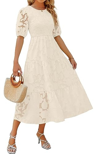 ZESICA Women's 2025 Summer Short Puff Sleeve Crewneck Smocked Floral Lace Flowy A Line Tiered Maxi Dresses,Beige,X-Large