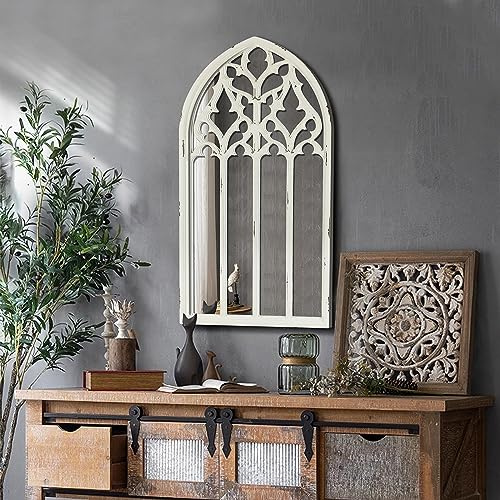 XIAOAIKA Vintage Gothic Arched Window Mirror, Distressed White Cathedral Wall Decor for Living Room, Entryway, or Bedroom – Rustic Farmhouse Accent, 16'' x 31.5''