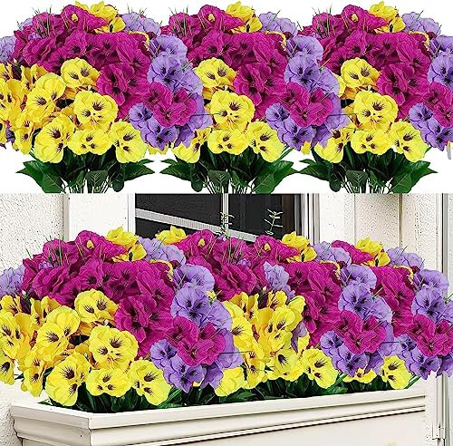 Weldomcor 9 Bundles Artificial Pansy Flowers Outdoor UV Resistant Fake Flowers Summer Decoration Floral DIY Tables Party Home Greenery Shrubs Plants Home Garden Decor