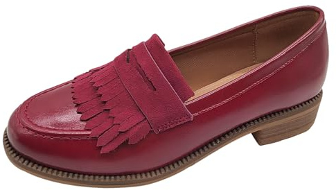 ANUFER Mujeres Estilo Británico Borlas Penny Loafers | Punta Redonda, Slip-On, Taco Cuadrado de 3cm, Zapatos Formales de Oficina