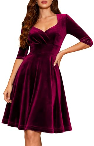Women's Velvet Christmas Party Wedding Guest Long Sleeve V-Neck A-Line Midi Dress Vintage Formal Cocktail Evening Gown V-Burgundy 2XL