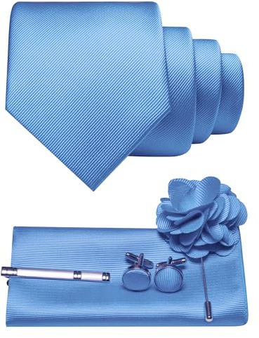 JEMYGINS Corbata de sarga para hombre con diseño monocolor, incluye gemelos cuadrados de bolsillo, pinza de corbata y broche de flores, set de regalo para fiestas, negocios, bodas
