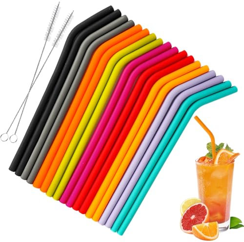 18Pcs Silicone Straws Reusable, Bend Colorful Drinking Straws with 2 Cleaning Brushes, Flexible Regular Size Replacement Smoothie Straw for Kids & Adults, Perfect for Cocktail, Juice, Hot Drinks