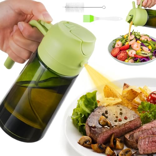 AMFUN 470ml Spray Huile Cuisine, 2 en 1 Huile Distributeur Verseur, with brosse en silicone/métallique, pour Salades, la friteuse à air, le barbecue, la cuisine, le blocage de la lumière (Vert)