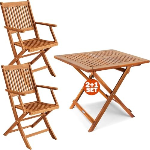 CASARIA Brown 3 Piece Acacia Balcony Furniture Set with 2 Folding Chairs | Weatherproof FSC Certified Acacia Wood Set with 2 Folding Chairs 160 kg Capacity and Folding Table for Balcony Patio Garden