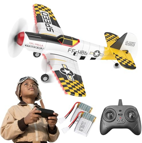 BEZGAR 3 Channel RC Plane, 6-axis Gyro Remote Control Airplane Fighter Toys with Colorful LED Navigation Lights & 2 Batteries, Easy Control for Adults Kids Beginners, HQ089 Yellow