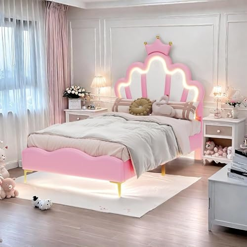 FEEOHOME Lit Enfant 90x200cm, Lit pour Enfant rembourré avec lumière LED réglable, pour Fille Adolescente avec tête de Fleur et sommier à Lattes, sans Matela (Rose)
