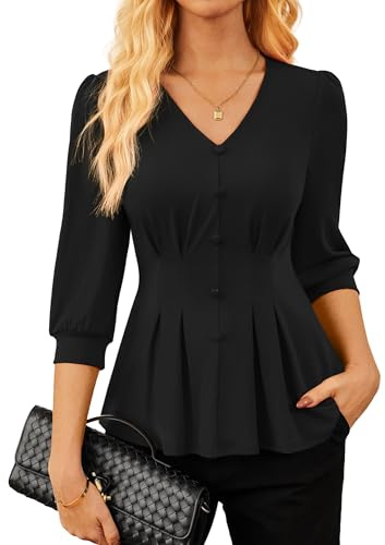 GRACE KARIN Women Business Casual Tops, 2026 Summer Trendy Dressy Blouses, 3/4 Sleeve V Neck Work Shirts Black Large