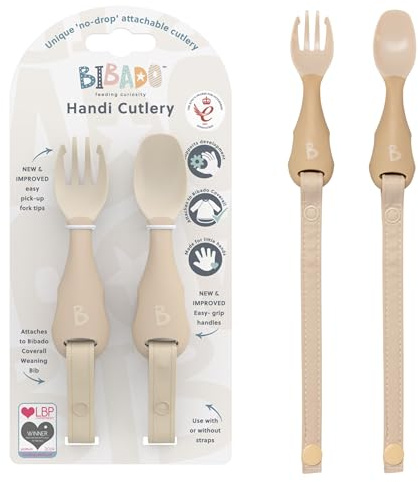 Bibado - Handi Cutlery Set (Mist) - Toddler Cutlery Weaning Set - Baby Spoons & Forks - Use with Coverall Bibs - Detachable Straps - Dishwasher Safe, BPA Free - Baby Essentials - 6 Months to 24 Months