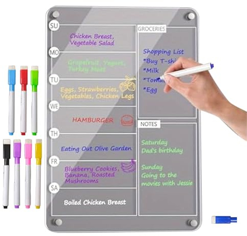 Magnet Meal Planner - Acrylic Weekly, Transparent Kitchen Chart | Kylskåp raderingsarrangörsplatta för menyplanering, tydlig återanvändbar whiteboard för familjens schema matberedning påmin