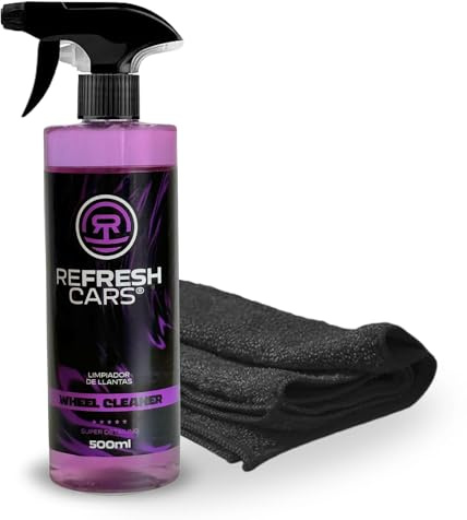Refresh Cars Kit Limpia Llantas Coche y Moto (500ml) - Limpiador Desengrasante Potente Sin Ácidos. Elimina Ferodo, Grasa y Suciedad de la Carretera. Seguro para Aluminio y Cromados. INCLUYE BAYETA