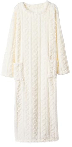 Women Fleece Hoodie Dress Oversized Midi Pyjamas Dresses Winter Cozy Warm Long Jumper Dress Flannel Soft Pullover Dresses Fluffy Plush Thick Sweatshirt Loose Comfy Loungewear Ladies White