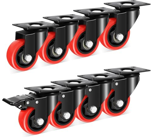 Nefish 3 Inch Heavy Duty Casters Wheels (8 Pack), Top Plate Castor Wheels with Brake, 360 Degree Durable Locking Furniture Swivel Cart Wheels, No Noise Polyurethane Wheels for Cabinet, Workbench