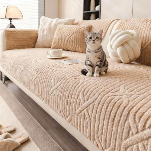 JINMEE Sofabezug Waschbar 90x180cm, Plüsch rutschfeste Couch überzug für 3-4 Sitzer Sofa, Khaki