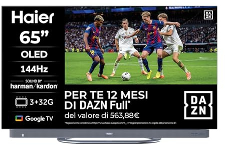 Haier OLED 4K HDR H65C95EUX 65 Smart TV, Google TV, Dolby Audio, Suono Harman Kardon, Movimenti fluidi 144Hz, Controllo Vocale, Bluetooth 5.1, HDMI 2.1 x 4 [2025]