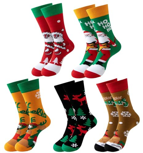FOSDICK 5 Paires Chaussette de Noel, Amusants Chaussettes Noel, Multicolor Christmas Socks, Chaussettes de Noel Femme Homme, Chaussette Drole Cadeau Homme Femme, Taille Unique 37-45