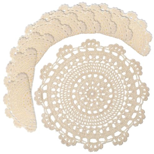 10 Pcs 10 Inch Lace Doilies for Tables Crochet Doilies Vintage Cotton Lace Coasters Handmade Round Placemats Rustic Table Decor for Kitchen Dining Room Wedding Cup Vase Decoration, Beige