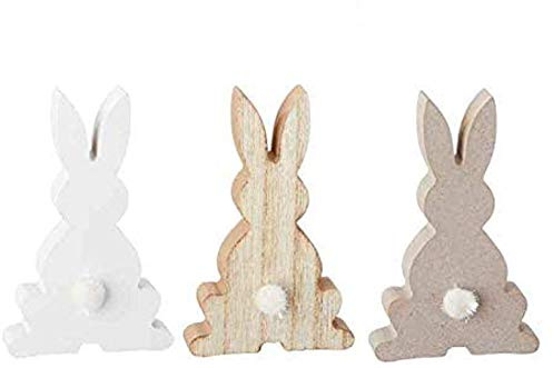 itsisa Hase mit Puschel aus Holz (3er Set) - Osterdeko, Frühlingsdeko, Osterhase, Deko Hase, Ostern (naturweiß)