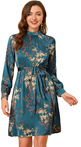 Allegra K Robe trapèze Florale à Manches Longues et col Montant pour Femme, Longueur Genou, Taille M