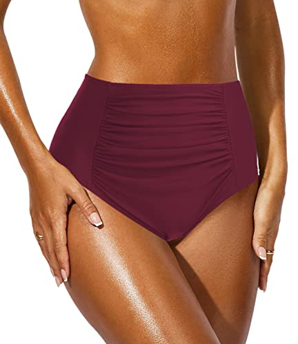 JFAN Braguita de Bikini Mujer Cintura Alta Bragas Bikini Vientre Plano Pantalón la Parte de Abajo Traje Baño Mujer（Vino Tinto，XL