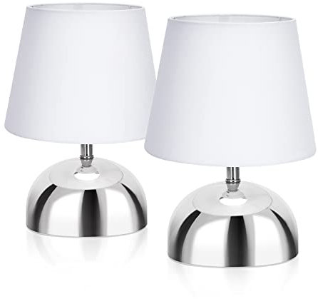 LED Universum 2er Set Tischleuchten Tischlampen Nachttischlampen Leseleuchten mit Stoffschirm weiß E14 Sockel Metallfuß rund chrom - 7370