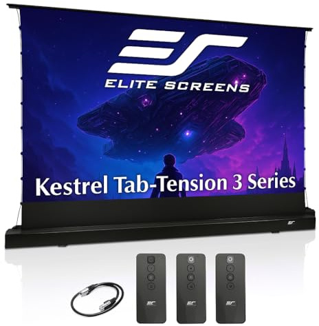 Elite Screens Kestrel Tab-Tension 3 CineWhite, 135 inch 16:9 Aspect Ratio, ISF Certified, Electric Floor-Rising Motorized Tab-Tensioned Front Projector Screen, Programmed Remote Kit, FTE135H3