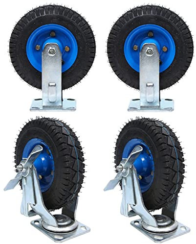Plattformwagen 2 Bockrolle + 2 Lenkrolle , Ø 200mm 250mm Luftreifen Gummi Rollen, Leise Die Rotation Ist Glatt, Lenkrolle Mit Bremse - Transportwagen Plattformwagen Rad ( Color : Blue , Size : 200mm )