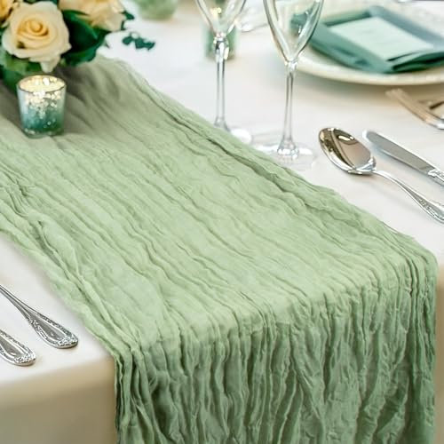 Cheesecloth Table Runner Sage Green - MAQIHAN 10ft Cheese Cloth Gauze Tablecloth Sheer Boho Tulle Mesh Pastel Crinkle Baby Wedding Bridal Shower Party Centerpiece Table Baptism Christmas Decoration