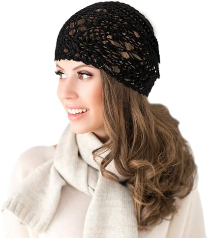 Nogsay Bonnet d'été en tricot pour femmes, fait main, bonnet crocheté, slouch beanie, bonnet léger pour l'été, Noir , M