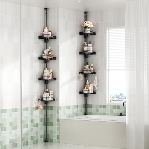 YCIA&DONE 360° Rotating Corner Shower Caddy Tension Pole, 4 Tiers Shower Organizer for Bathroom Shelf Bathtub, Adjustable Standing Shower Rack, Easily Assemble, 34-124 Inch Height, Black