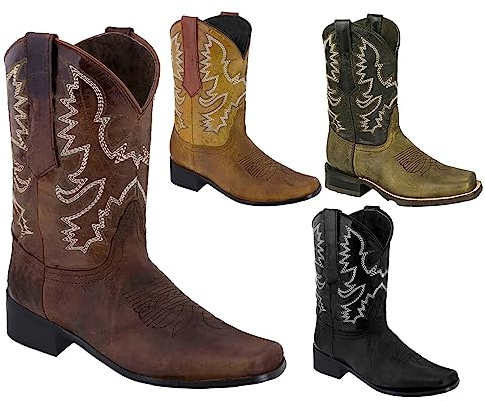 Stivaletti da donna Western Equitazione – Stivali da cowboy da donna in pelle – Mezzi stivali quadrati da equitazione vintage eleganti da donna, marrone, 40 EU