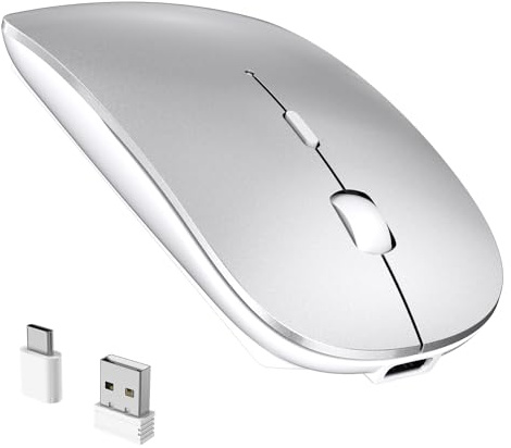 RaceGT Ratón Inalámbrico Recargable USB C+USB A, Ratón Ergonómico Inalámbrico Silencioso, 2.4G Ultra Delgado con 2 Receptores para PC, Mac, MacBook Air/Pro, iPad