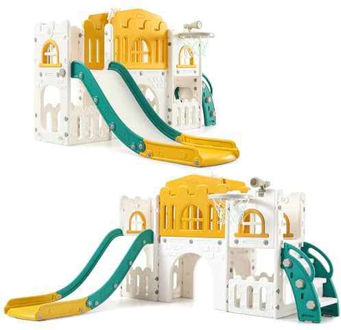 SLEKVERSA 8 in 1 Kids Slide Set, Indoor Outdoor Slide Activity Center, Children's Climber Slide PlaySet with Basketball Hoop,Crawl Tunnel, Telescope, Playground Center for Boys Girls, Orange