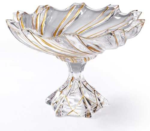 Puremagics Large Hand Painted Gold Whirlwind Shaped Crystal Glass Decorative Bowl-32CM Diameter, Footed Glass Bowl for Kitchen Countertop & Dining Table Centerpiece.