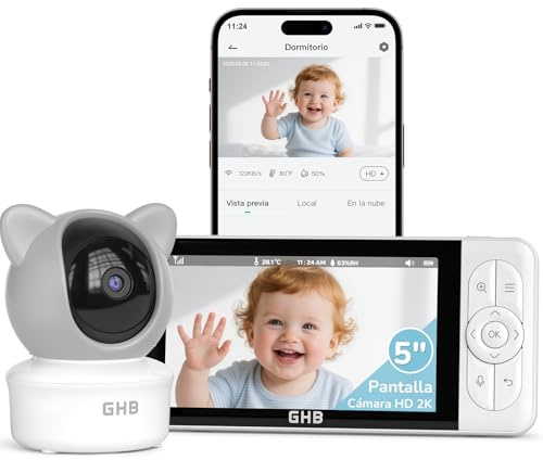 GHB Baby Monitor Video e Audio WiFi con App, Monitor IPS 5'', Telecamera 2K, 350°/65° PTZ, 3000mAh, Rilevamento di Movimento/Pianto/Temperatura, Visione Notturna