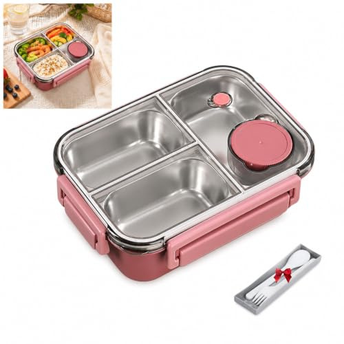 DUY Lonchera de acero inoxidable con 2 o 3 compartimentos, caja bento con taza de salsa y recipiente de alimentos para el trabajo, la escuela, viajes (rojo, tres compartimentos)