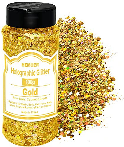 HEMOER Holographic Chunky Glitter, Gold 100g Chunky Pailletten Glitter, Craft Glitter für Harz, Gesicht, Nagel, Körper, Kunsthandwerk, Slime Festival Party Art, Glitzerpuder für Nägel Glitzer