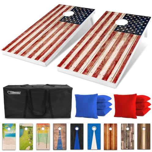 GoSports - Juego de Tablero de Madera para Cornhole de tamaño reglamentario de 1,2 x 0,6 m, diseño rústico con la Bandera Americana, Incluye 2 Tablas, 8 pufs, Funda de Transporte y Reglas de Juego