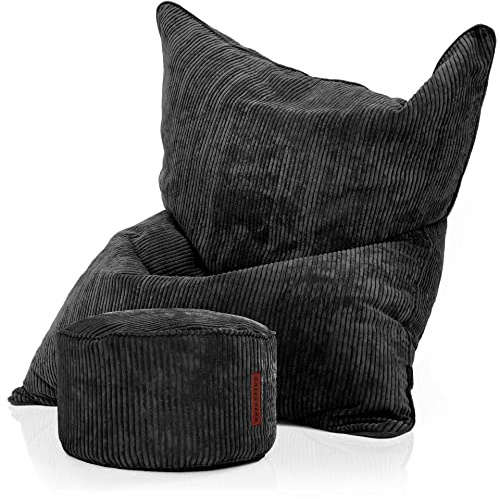 Green Bean© Bean Bag + Pouf in un set - XXL Giant Bean Bag con pouf abbinato | EPS Filling Bean Bag Floor Cushion Reclining Cushion Indoor Indoor Washable Nero