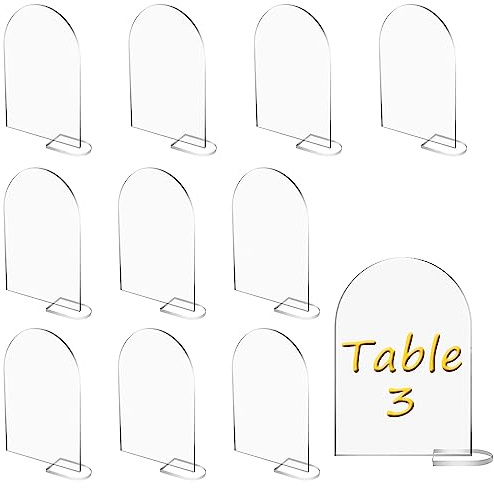 Fyihoxi 10 letreros acrílicos de arco transparente con 10 soporte Tarjetas De Mesa De Boda Letreros De Escritorio Tarjetas de Lugar acrílicas para boda,cena,fiesta,decoración de bricolaje