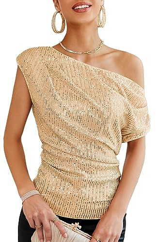GRACE KARIN Women Elegant Glitter Party Tops Evening Sparkly Ruched Wrap Top, Color: Champagne Gold, Size: M